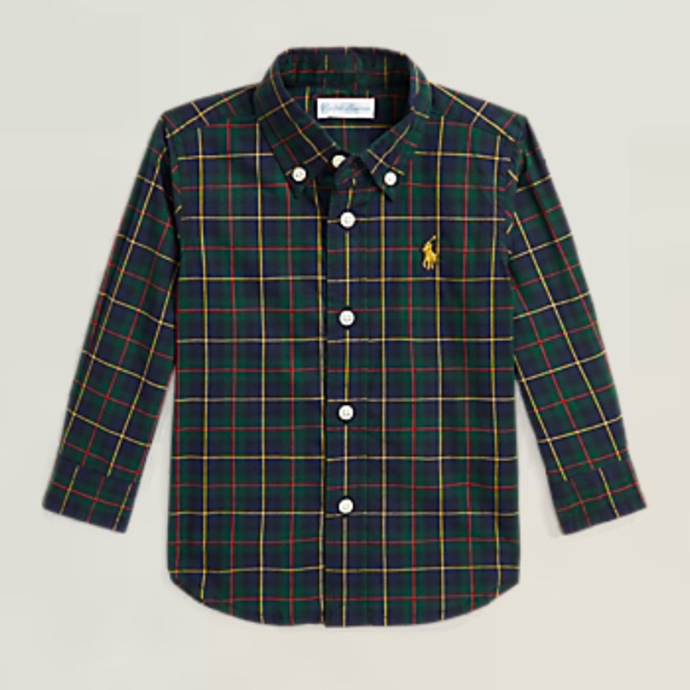 Ralph Lauren Plaid Cotton Poplin Button Up Button Down Dress Shirt Holiday Polo